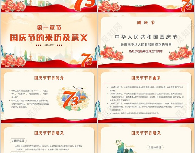 黄色简约国潮风格73周年国庆节盛世中华举国同庆主题PPT模板国庆节73周年