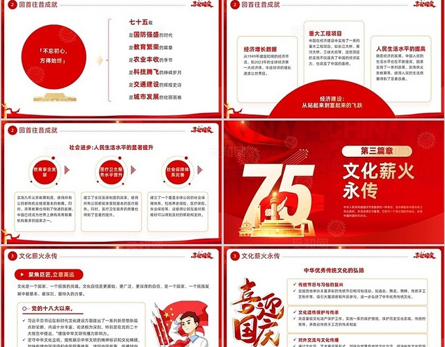 红色科技风国庆节75周年PPT模板