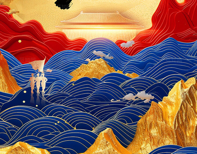 剪纸山水AI插画鎏金盛世华诞国庆节手机宣传海报国庆节国庆