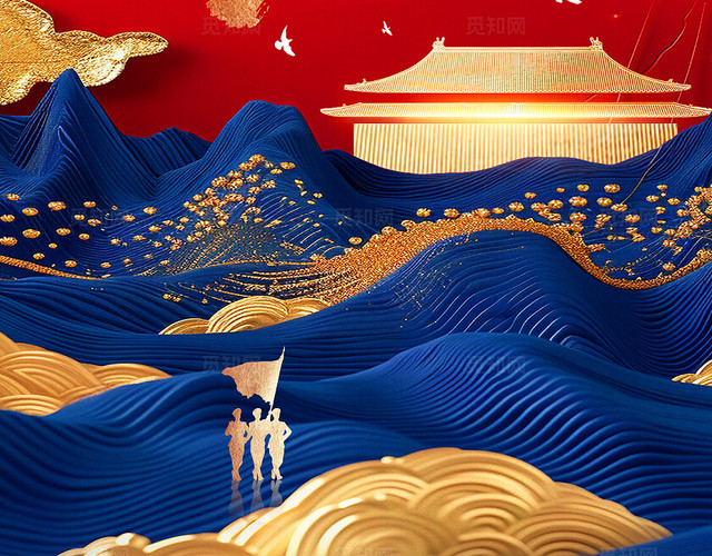 剪纸山水AI插画鎏金盛世华诞国庆节手机宣传海报国庆节国庆